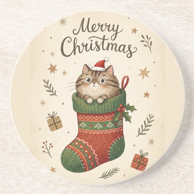 Porta-copos Gato de Natal na Meia (Frente)