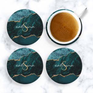 Porta-copos Geodo de Agate Dourado Azul-Teal Monograma