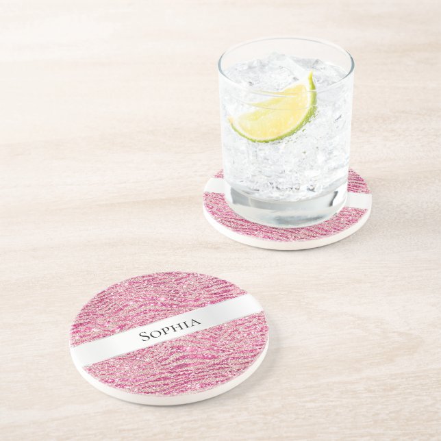 Porta-copos Girly Pink e Blush Glitter Zebra Name (Lateral)