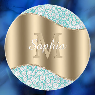 Porta-copos Glam Diamantes em Teal, Monograma Dourado, Nome do