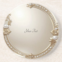Golden Ornate Frame with Pearls Sandstone Coaster