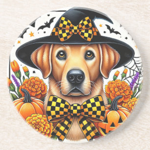 Porta-copos Golden Retriever com Chapéu de Bruxa por Abóboras