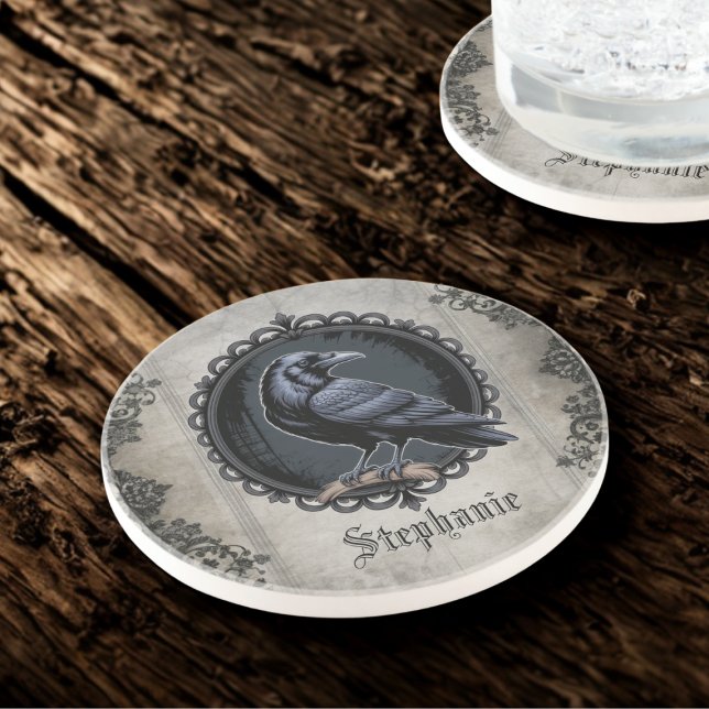 Porta-copos Gótico Raven com Nome (Gothic raven personalized drink coaster)