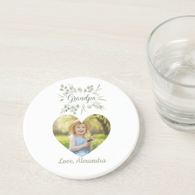 Porta-copos Grandpa Gift Coaster - Heart Photo & Eucalyptus (Personalized photo grandpa drink coaster)