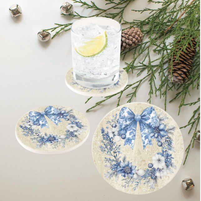 Porta-copos Grinalda de Férias Azul e Branco em Estilo Chinês (Elegant blue and white holiday chinoiserie wreath on antique faded damask background. )