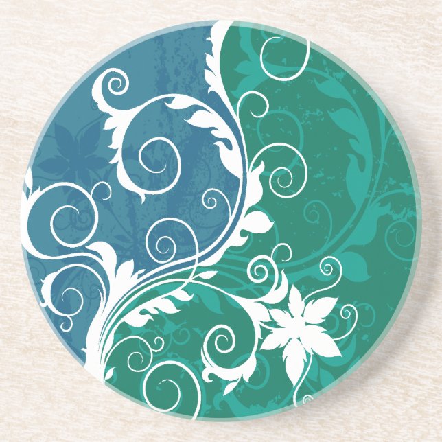 Porta-copos Grunge floral azul e verde branco (Frente)