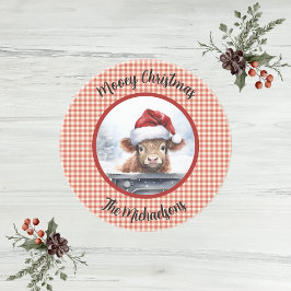 Porta-copos Highland Cow Red White Gingham Monogram Christmas