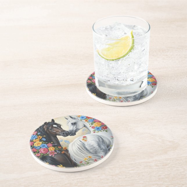 Porta-copos  Horses framed in flowers Coaster (Lateral)