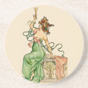 Porta-copos Ilustração Art Nouveau Vintage de Senhora com Cham