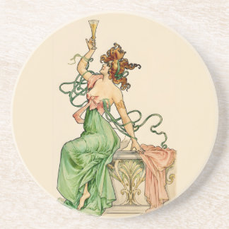 Porta-copos Ilustração Art Nouveau Vintage de Senhora com Cham