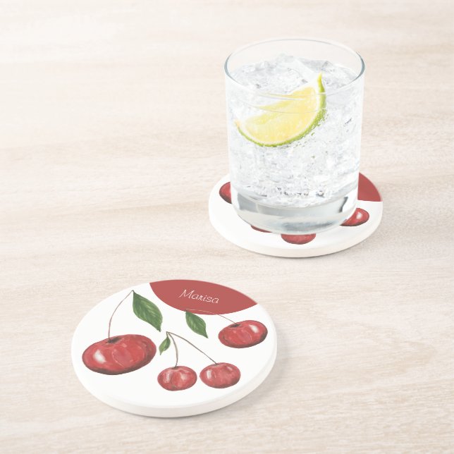 Porta-copos Ilustração de Aquarela de Cerejas Doce Monogramada (Lateral)