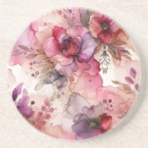 Porta-copos Ilustração de Tinta Álcool das Flores Rosa e Roxo