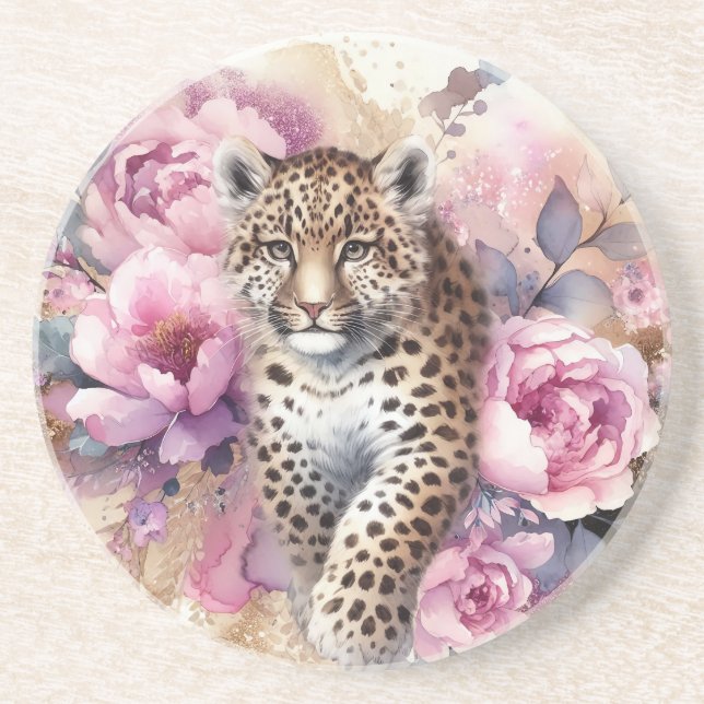 Porta-copos Leopard Cub & Roses Pedra para Copos (Frente)