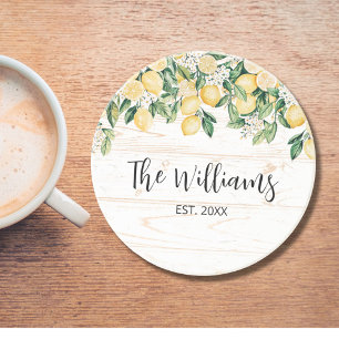 Porta-copos Madeira Branca de Limão Amarelo Monograma