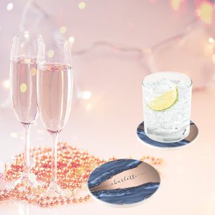 Porta-copos Mármore de ágata azul rosa dourado nome script 