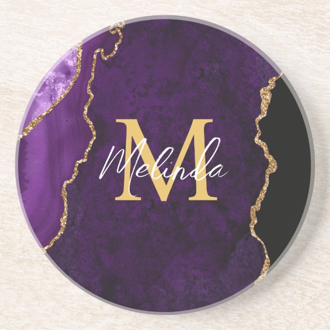 Porta-copos Mármore de Ágata Roxo e Dourado (Frente)