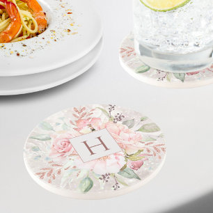 Porta-copos Mármore Floral Peônia Rosa Elegante Monograma