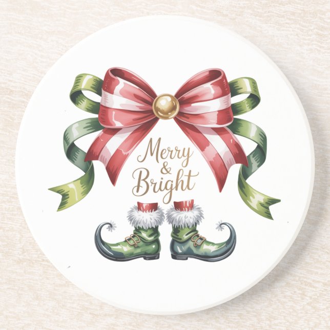 Porta-copos Merry & Bright Christmas Bow & Elf Shoes Coaster (Frente)