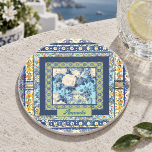 Porta-copos Monograma de Azulejo Chinois Elegante Azul e Branc