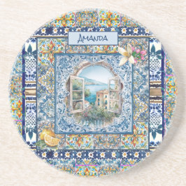 Porta-copos monograma de azulejos florais azuis-italianos de v