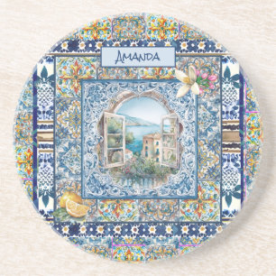 Porta-copos monograma de azulejos florais azuis-italianos de v