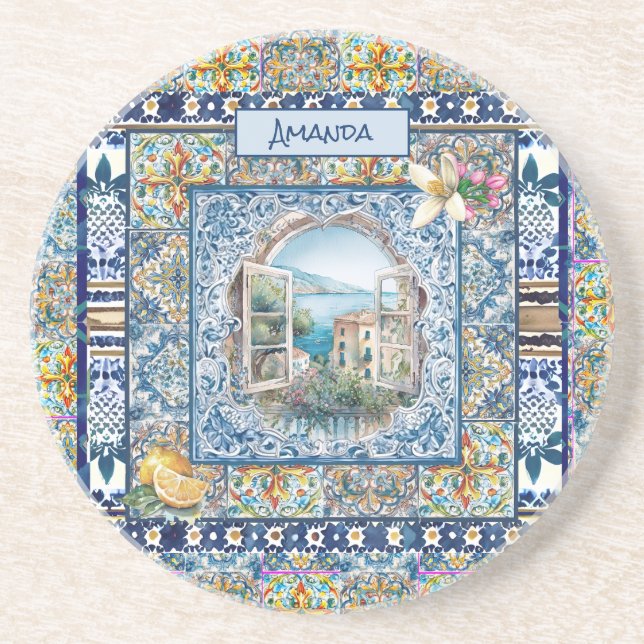 Porta-copos monograma de azulejos florais azuis-italianos de v (Frente)