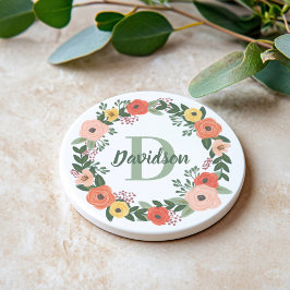 Porta-copos Monograma de Nome de Folhagem Floral Rosa Coral