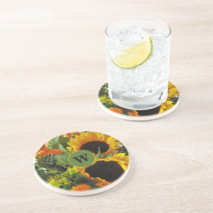 Porta-copos Monograma emoldurado belos girassóis arenito