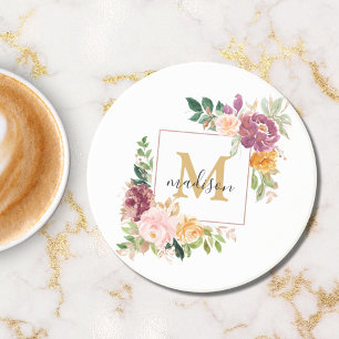 Porta-copos Monograma Rosa Floral Botânica Elegante em Aquarel