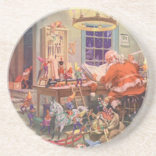 Porta-copos Natais vintages, Papai Noel com o Workshop Elves