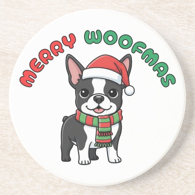 Porta copos Natal de Boston Terrier: Woofmas Feliz (Frente)
