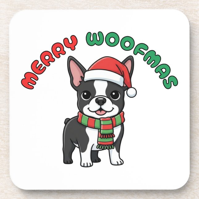 Porta copos Natal de Boston Terrier: Woofmas Feliz (Frente)