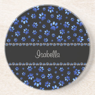 Porta-copos Nome personalizado, patas de cão com brilho azul