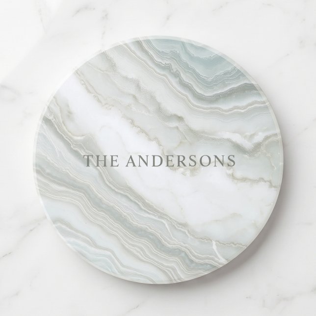 Porta-copos Nome Personalizado Verde Branco Mármore Abstrato (Elegant, modern, luxury, personalized name, faux marble coaster )