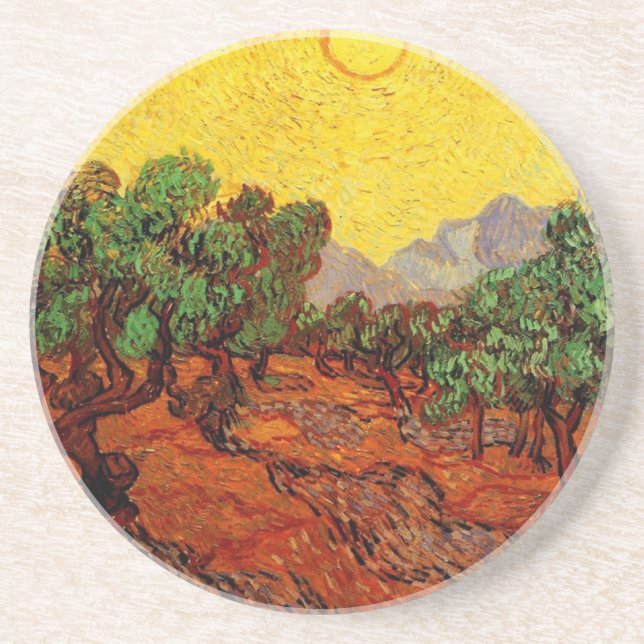 Porta-copos Oliveiras com céu amarelo e Sun Van Gogh (Frente)