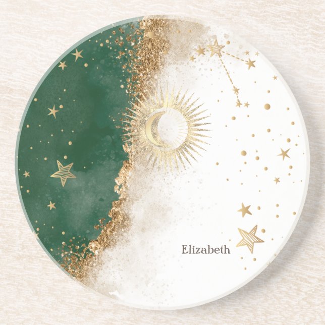 Porta-copos Ouro Celestial Sol e Lua Estrelas Verde (Frente)