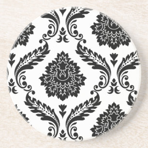 Porta-copos Padrão Deslocado Rococó Damask Preto no Branco