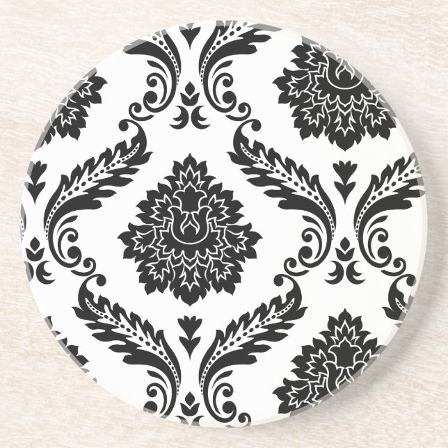Porta-copos Padrão Deslocado Rococó Damask Preto no Branco (Frente)