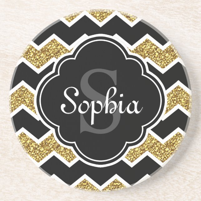 Porta-copos Padrão Dourado de Glitter Glitter Branco Preto (Frente)