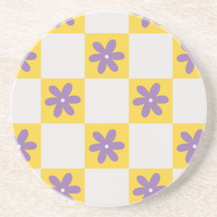 Porta-copos Padrão Floral de Xadrez Amarelo – Margarida Roxa