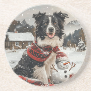 Porta-copos Pano Collie Dog Snowman na fronteira de Natal