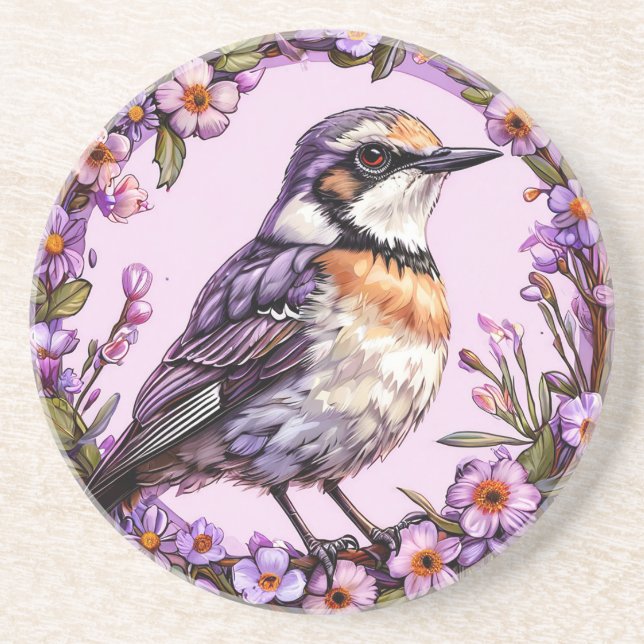 Porta-copos 🐦 Pássaro em Fundo Floral Lilás 🐦 (Frente)