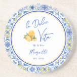 Porta-copos Personalized Mediterranean Tile Newlywed Home<br><div class="desc">A sand stone coaster for newlywed's home featuring Mediterranean tile patterns, elegant script calligraphy, and a playful watercolor gelato ice cream design. Inspired by Italian coastal home decor and the sunny charm of the Amalfi Coast, this modern stylish barware captures the spirit of la dolce vita with bright blue and...</div>