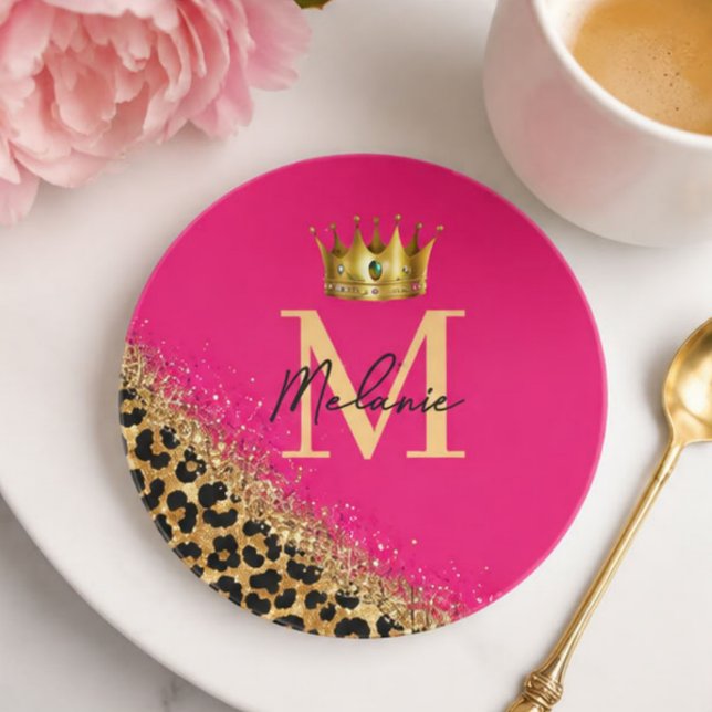Porta-copos Personalized Pink Leopard Gold Glitter Monogram  (Criador carregado)