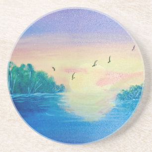 Porta-copos Pintura de óleo original de Ocean Sunset em uma Po