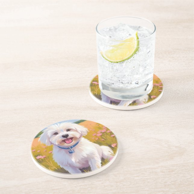 Porta-copos Pintura do Campo de Flores do Cão Maltês (Lateral)