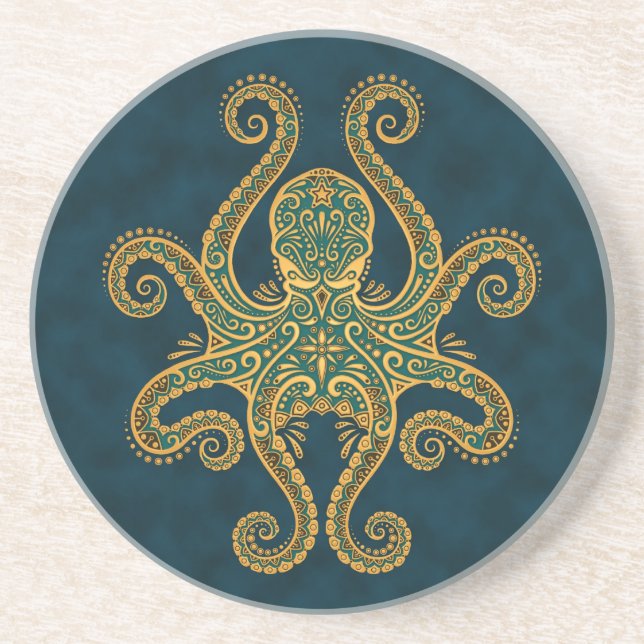 Porta-copos Polvo azul dourado intrincado (Frente)
