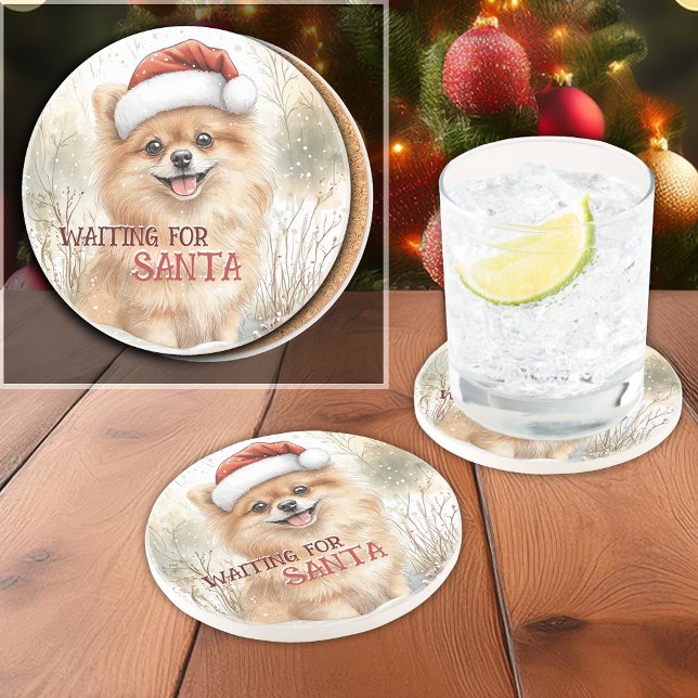 Porta-copos Pomeraniana Esperando Papais noeis Aquarela Natal (Personalize this Pomeranian Waiting For Santa Watercolor Christmas Coaster for dog loving friends.)