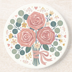 Porta-copos Pousa Copos de Buquê de Arte Popular de Rosa Rosa