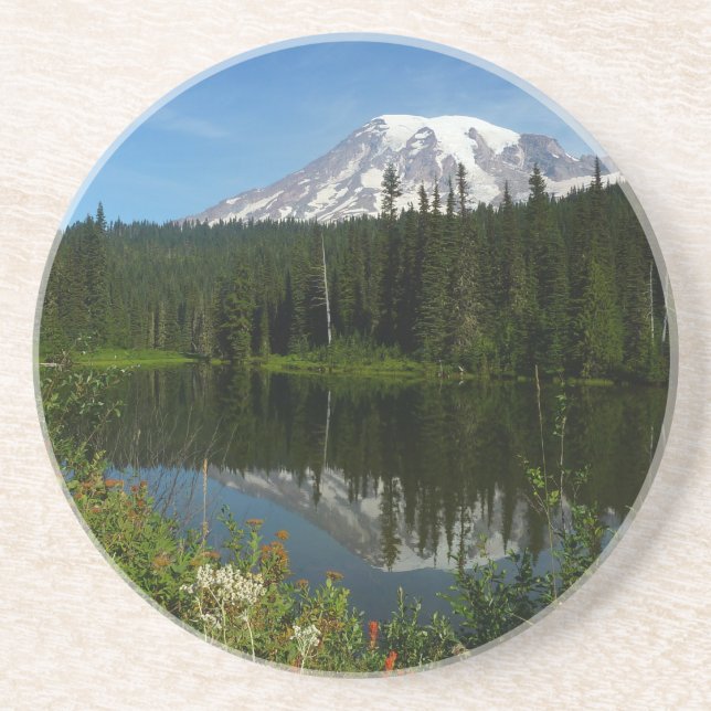 Porta-copos Reflexo do Lago Monte Rainier com Flores Silvestre (Frente)